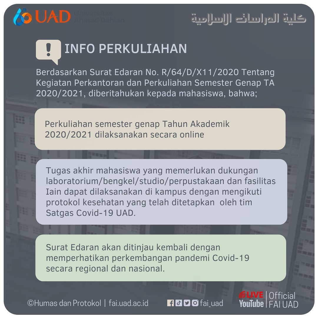 Info Admisi: Edaran Pelaksanaan Perkantoran dan Perkuliahan Semester Genap 2020/2021