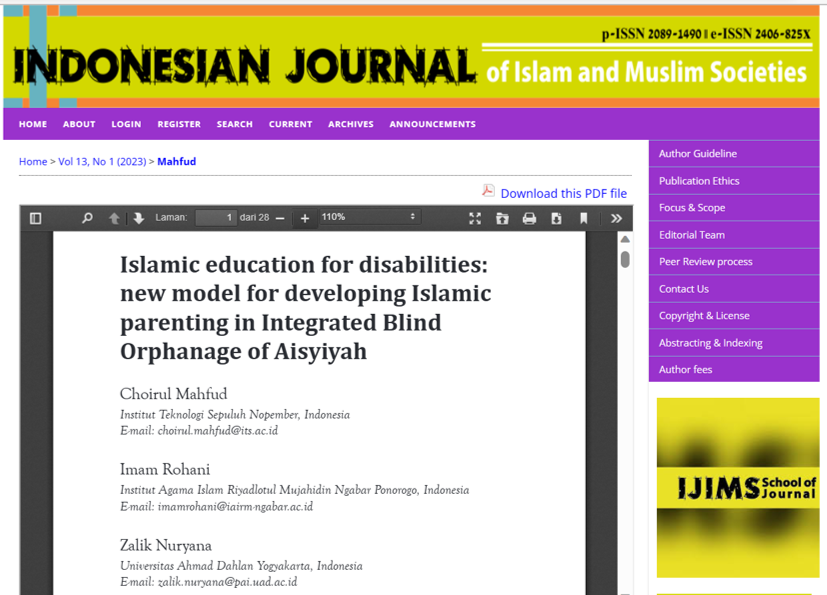 Artikel Zalik Nuryana, S.Pd.I., M.Pd.I yang publish di Jurnal IJIMS