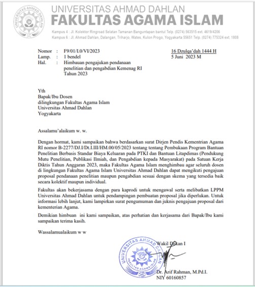 Surat Edaran Fakultas Agama Islam terkait Penelitian Kemenag