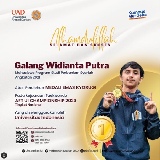Galang Widianta Putra Mahasiswa Perbankan Syariah FAI UAD memperoleh Medali Emas Kyorugi pada Kejuaraan Taekwondo AFT UI Championship 2023 Tingkat Nasional