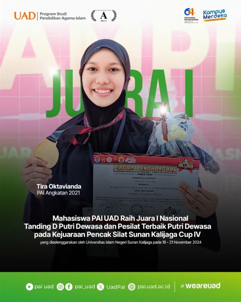 Tira Oktavianda, mahasiswa angkatan 2021, Juara I Nasional Tanding D Putri Dewasa serta dinobatkan sebagai Pesilat Terbaik Putri Dewasa pada Kejuaraan Pencak Silat Sunan Kalijaga Cup IV.