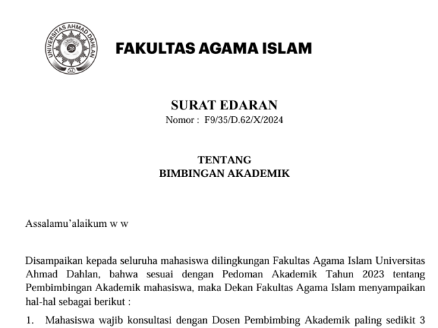 Edaran Dekan FAI UAD tentang Bimbingan Akademik